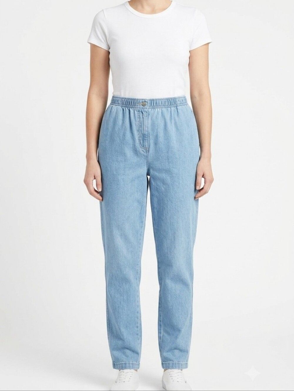 Woman Within Size 14W Pull On High Waist 100 Cotton Mom Jean Look Light Wash